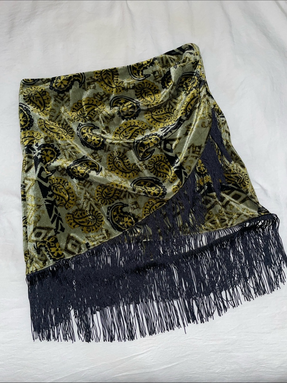 Women’s Olive Green Paisley Fringe Skirt